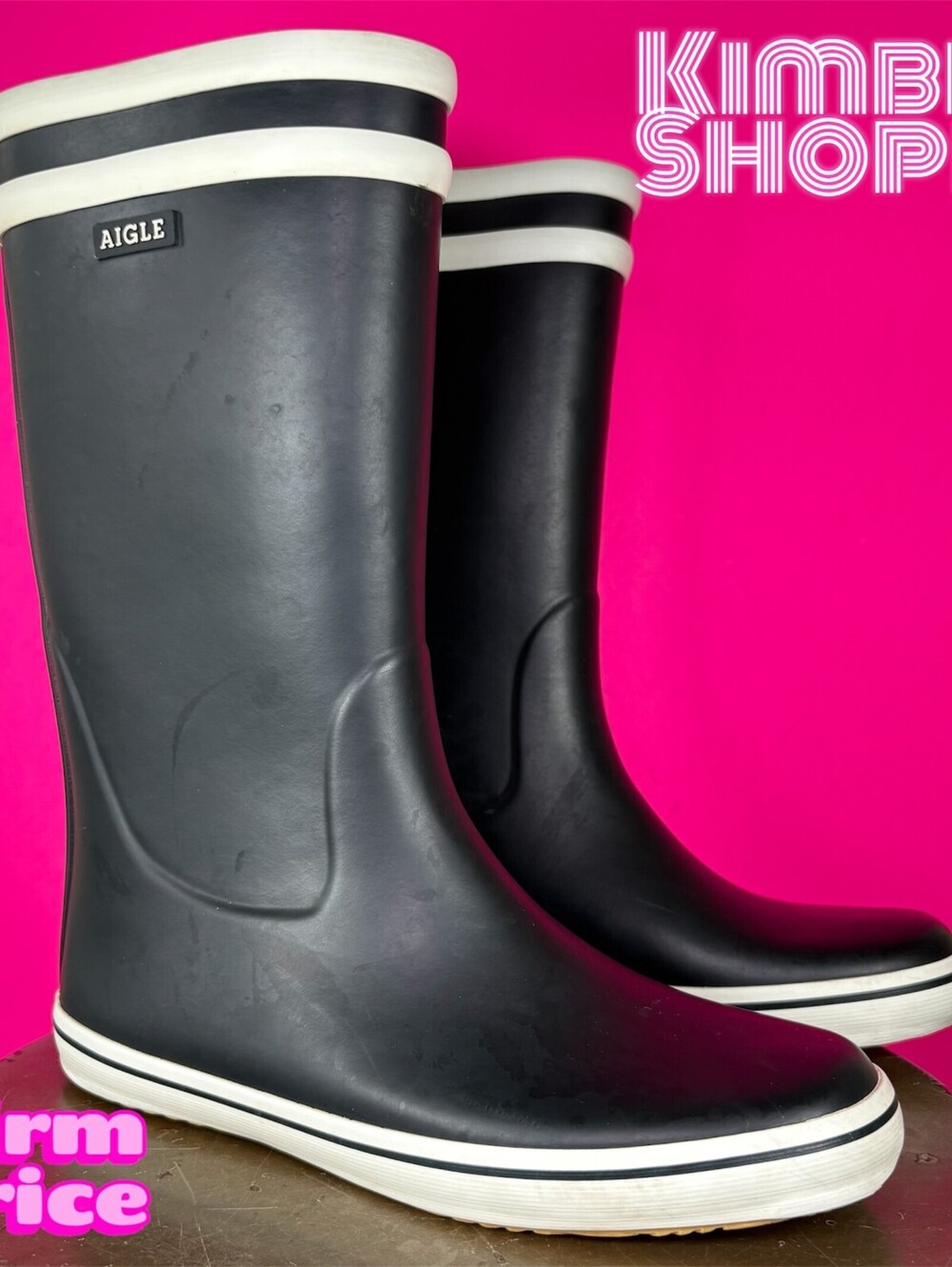 Aigle Malouine Marine Blue Double White Stripe Rain Boot EU 37 UK 4 US 5.5